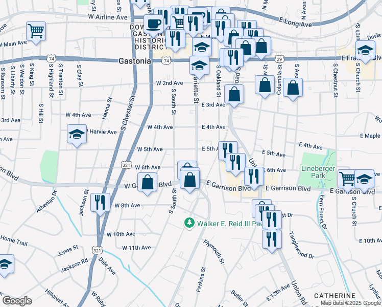 map of restaurants, bars, coffee shops, grocery stores, and more near 115 West 5th Avenue in Gastonia