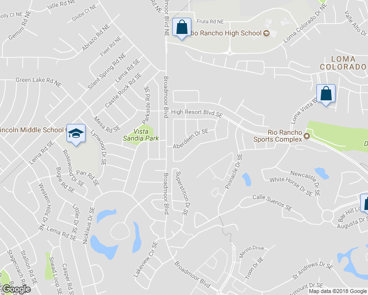 map of restaurants, bars, coffee shops, grocery stores, and more near 2912 Aberdeen Drive Southeast in Rio Rancho