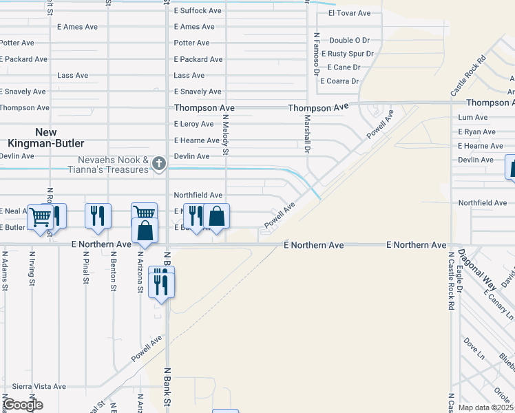 map of restaurants, bars, coffee shops, grocery stores, and more near 3171 Neal Avenue in Kingman