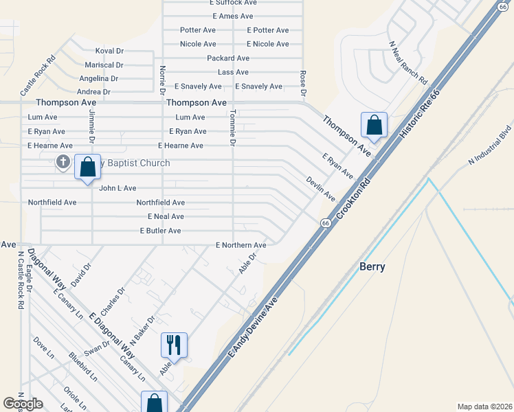 map of restaurants, bars, coffee shops, grocery stores, and more near 3916 Northfield Avenue in Kingman
