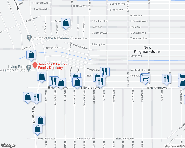 map of restaurants, bars, coffee shops, grocery stores, and more near 2085 Neal Avenue in Kingman