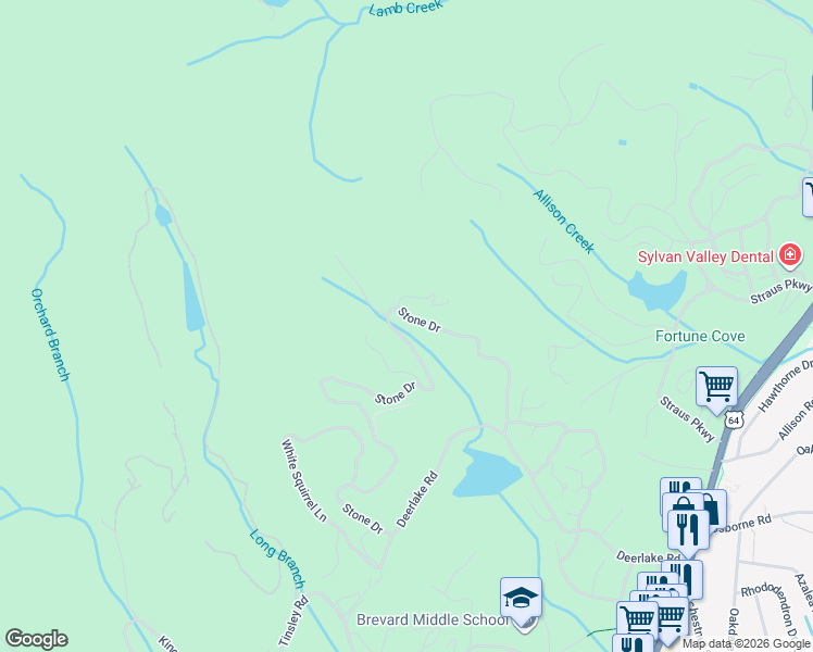 map of restaurants, bars, coffee shops, grocery stores, and more near 215 Stone Drive in Brevard