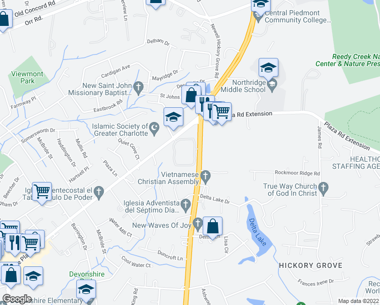 map of restaurants, bars, coffee shops, grocery stores, and more near 4414 John Penn Circle in Charlotte
