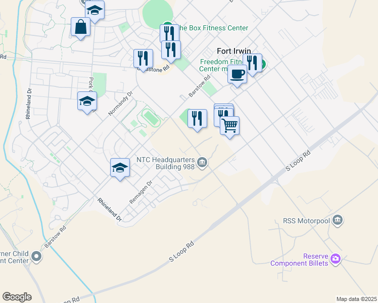 map of restaurants, bars, coffee shops, grocery stores, and more near Inner Loop in Fort Irwin