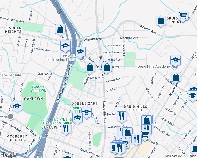 map of restaurants, bars, coffee shops, grocery stores, and more near 3246 Moss Lane in Charlotte