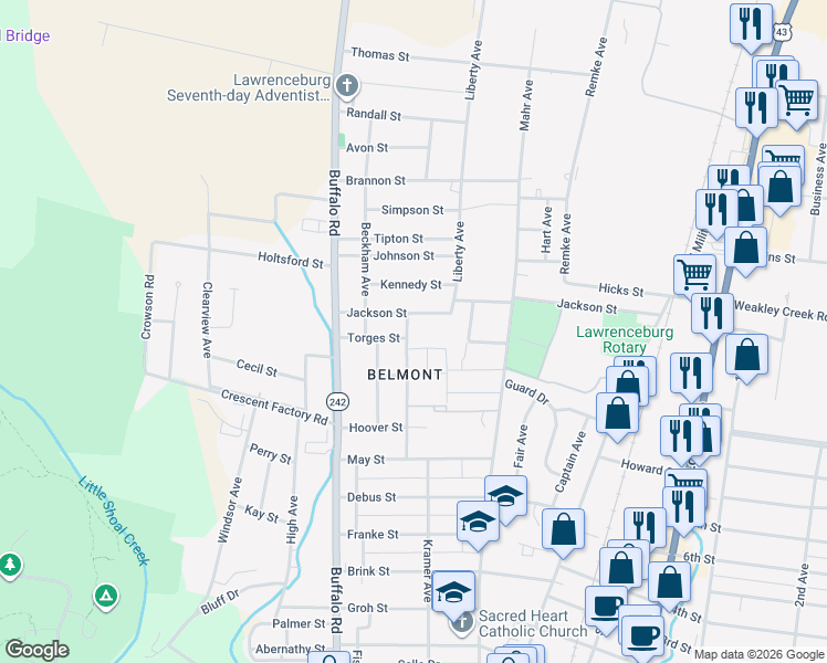 map of restaurants, bars, coffee shops, grocery stores, and more near 1032 Smith Avenue in Lawrenceburg