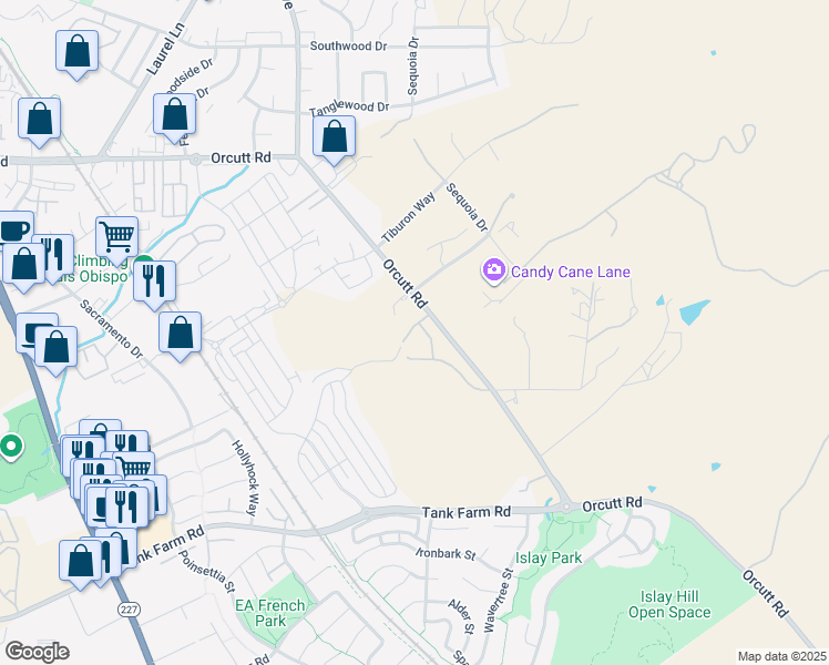 map of restaurants, bars, coffee shops, grocery stores, and more near 4055 Box Spring Road in San Luis Obispo