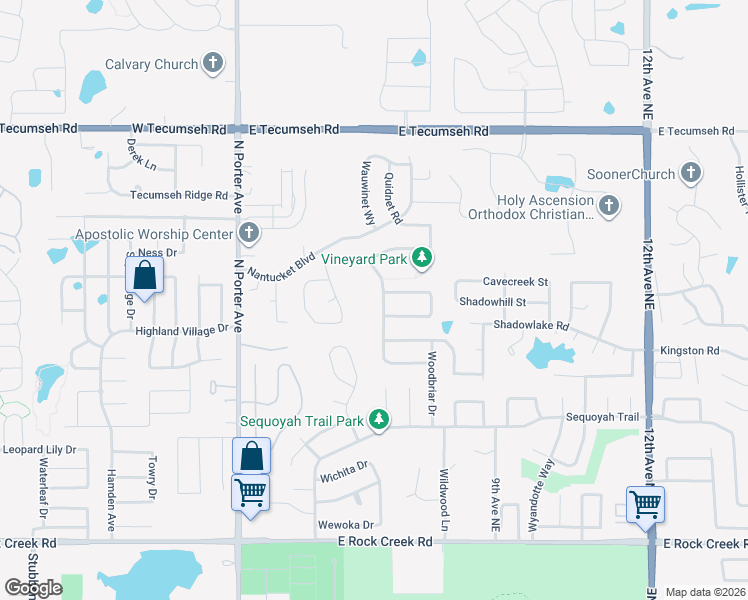 map of restaurants, bars, coffee shops, grocery stores, and more near 3032 Woodcrest Creek Drive in Norman