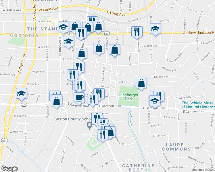 map of restaurants, bars, coffee shops, grocery stores, and more near 418 East 5th Avenue in Gastonia