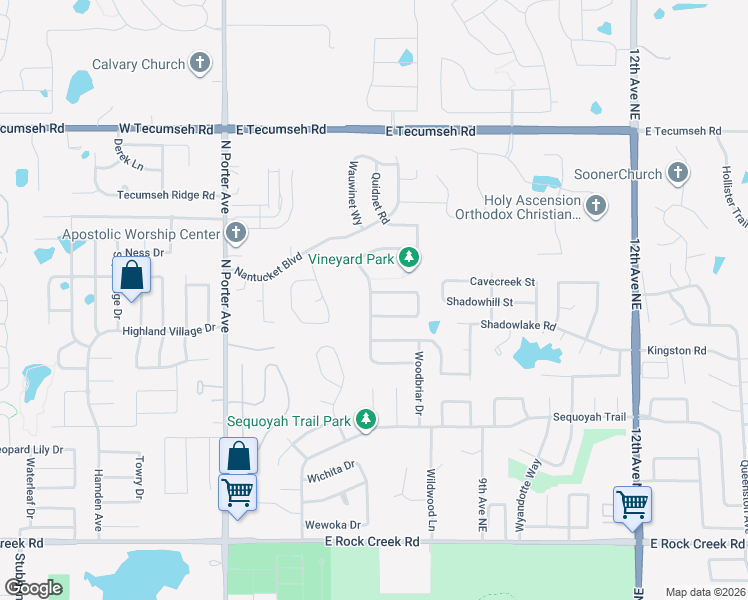 map of restaurants, bars, coffee shops, grocery stores, and more near 3032 Woodcrest Creek Drive in Norman