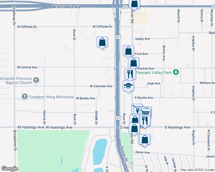 map of restaurants, bars, coffee shops, grocery stores, and more near 112 West Colorado Avenue in Amarillo