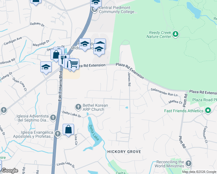 map of restaurants, bars, coffee shops, grocery stores, and more near 7716 The Plaza in Charlotte