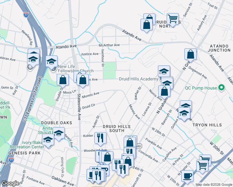 map of restaurants, bars, coffee shops, grocery stores, and more near 1231 Moretz Avenue in Charlotte