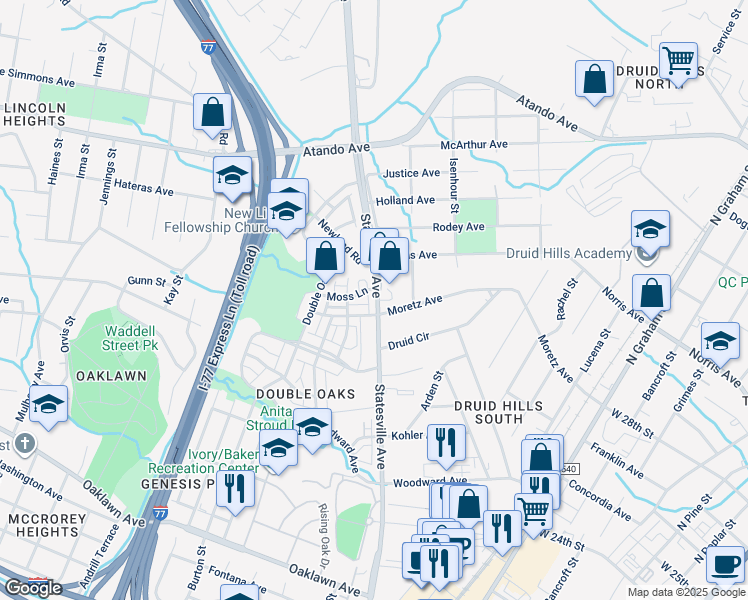 map of restaurants, bars, coffee shops, grocery stores, and more near 3246 Moss Lane in Charlotte