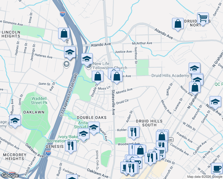 map of restaurants, bars, coffee shops, grocery stores, and more near 3246 Moss Lane in Charlotte