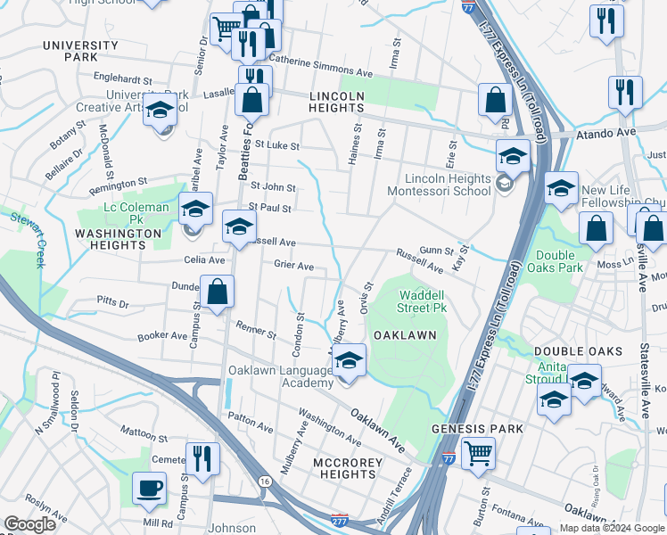 map of restaurants, bars, coffee shops, grocery stores, and more near 1904 Grier Avenue in Charlotte