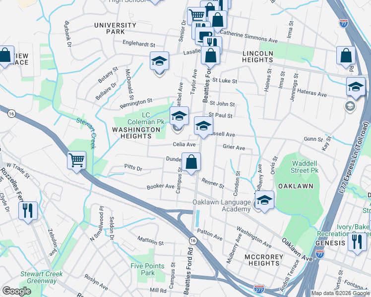 map of restaurants, bars, coffee shops, grocery stores, and more near 2305 Celia Avenue in Charlotte