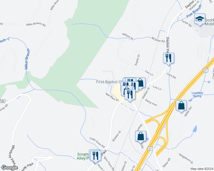 map of restaurants, bars, coffee shops, grocery stores, and more near 15 Wal-Mart Drive in Soddy-Daisy