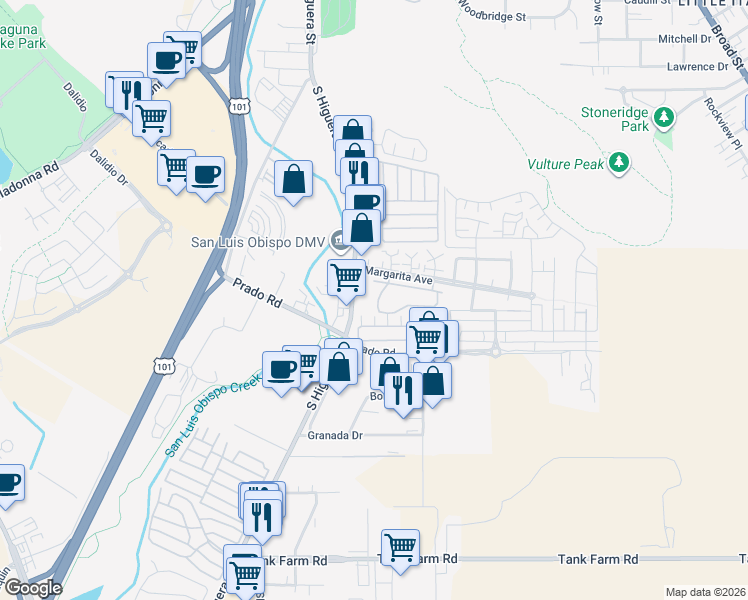 map of restaurants, bars, coffee shops, grocery stores, and more near 3259 Via Ensenada in San Luis Obispo