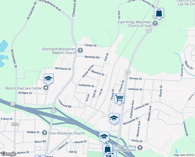 map of restaurants, bars, coffee shops, grocery stores, and more near 913 2nd Street in Kings Mountain