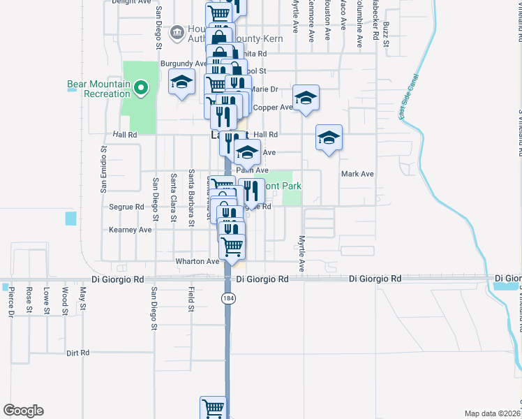 map of restaurants, bars, coffee shops, grocery stores, and more near 10900 Santa Paula Avenue in Lamont