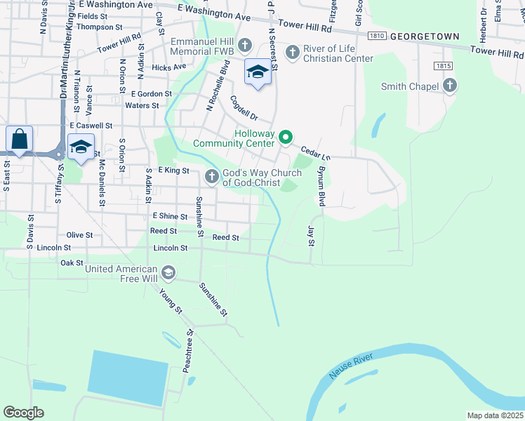 map of restaurants, bars, coffee shops, grocery stores, and more near 1507 Desmond Street in Kinston
