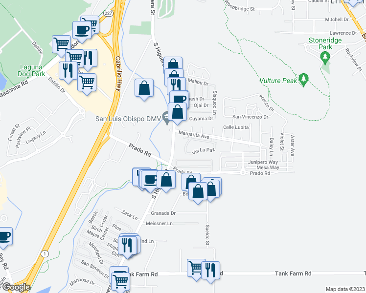 map of restaurants, bars, coffee shops, grocery stores, and more near 3259 Via Ensenada in San Luis Obispo