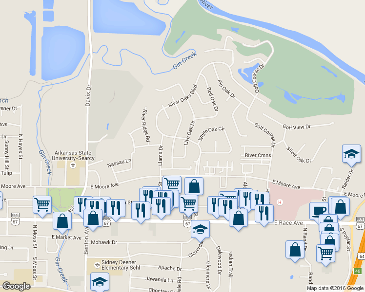 map of restaurants, bars, coffee shops, grocery stores, and more near 303 Live Oak Drive in Searcy