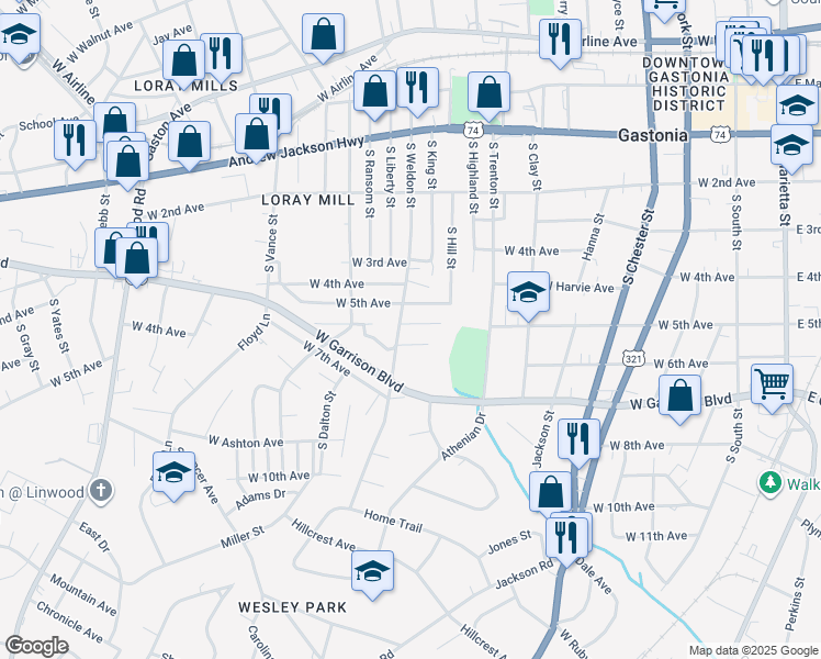 map of restaurants, bars, coffee shops, grocery stores, and more near 913 W 6th Ave in Gastonia
