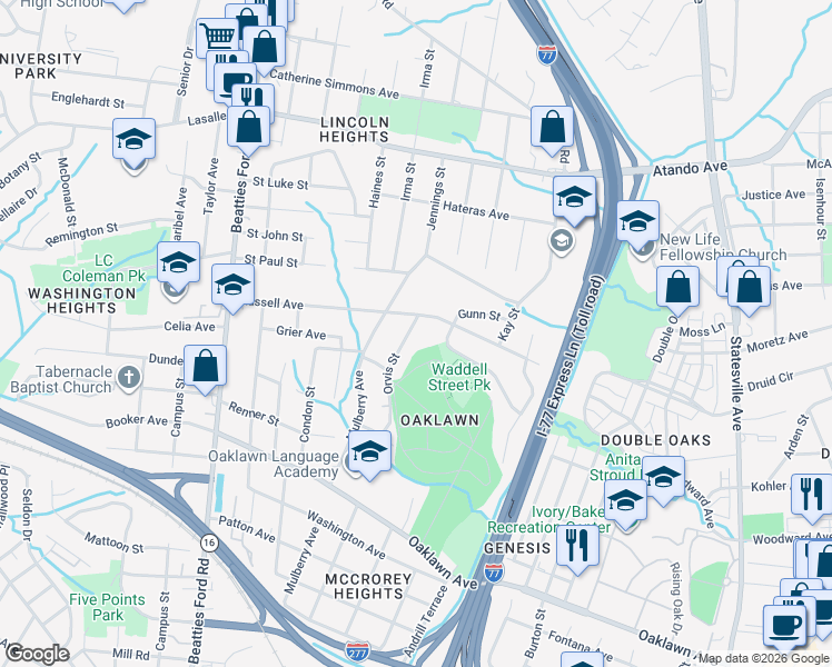 map of restaurants, bars, coffee shops, grocery stores, and more near 1434 Orvis Street in Charlotte