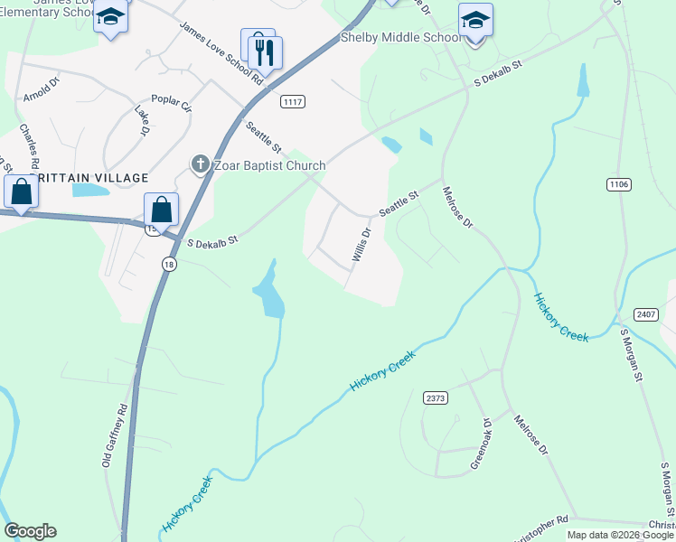map of restaurants, bars, coffee shops, grocery stores, and more near 308 Buckles Avenue in Shelby