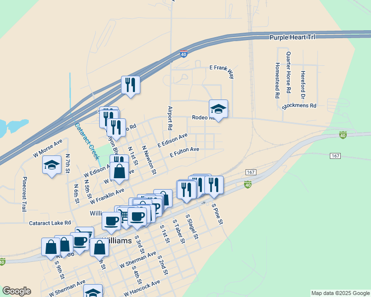 map of restaurants, bars, coffee shops, grocery stores, and more near 421 North Boyd Street in Williams