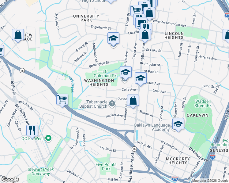 map of restaurants, bars, coffee shops, grocery stores, and more near 2401 Celia Avenue in Charlotte