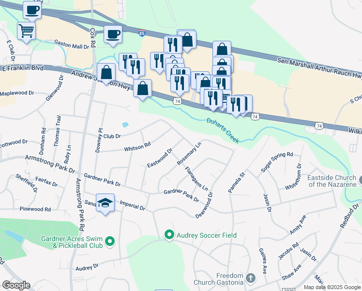 map of restaurants, bars, coffee shops, grocery stores, and more near 509 Eastwood Drive in Gastonia