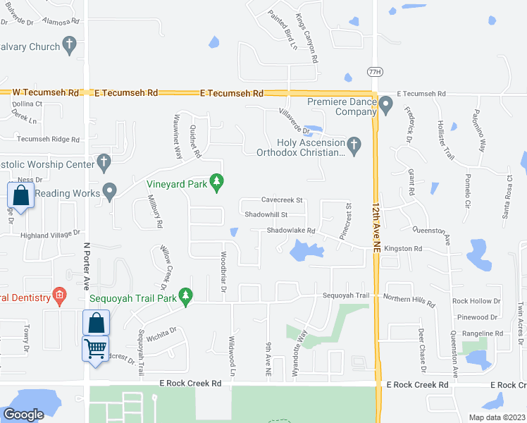 map of restaurants, bars, coffee shops, grocery stores, and more near 713 Shadowhill Street in Norman