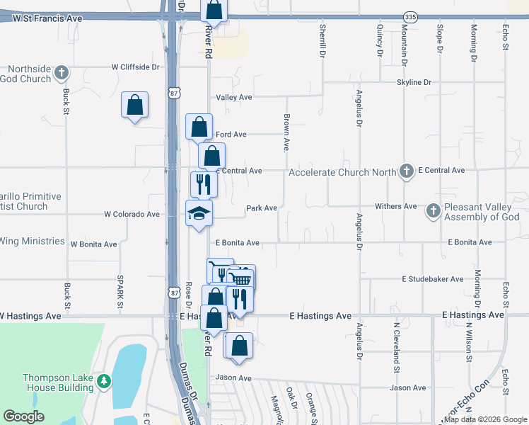 map of restaurants, bars, coffee shops, grocery stores, and more near 516 Park Avenue in Amarillo