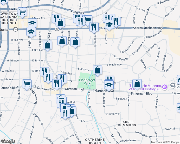 map of restaurants, bars, coffee shops, grocery stores, and more near 629 East 4th Avenue in Gastonia