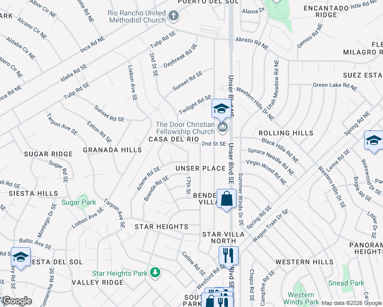 map of restaurants, bars, coffee shops, grocery stores, and more near 121 18th Street Southeast in Rio Rancho