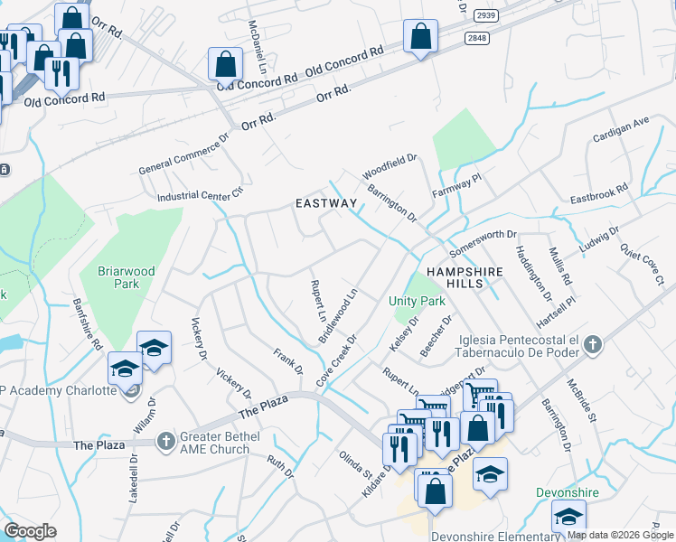 map of restaurants, bars, coffee shops, grocery stores, and more near 5400 Toano Road in Charlotte