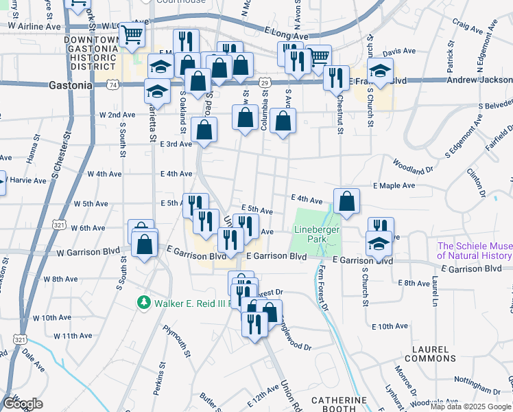 map of restaurants, bars, coffee shops, grocery stores, and more near 410 East 5th Avenue in Gastonia