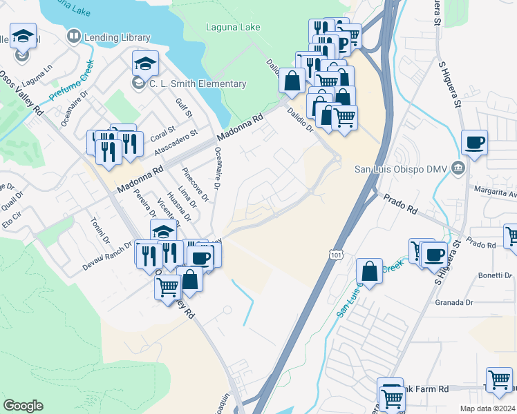 map of restaurants, bars, coffee shops, grocery stores, and more near 1069 Legacy Lane in San Luis Obispo