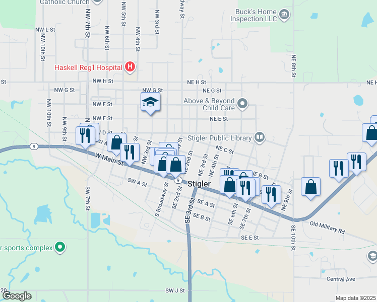 map of restaurants, bars, coffee shops, grocery stores, and more near 301 Northeast 2nd Street in Stigler
