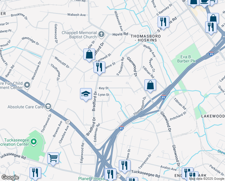 map of restaurants, bars, coffee shops, grocery stores, and more near 835 Key Street in Charlotte
