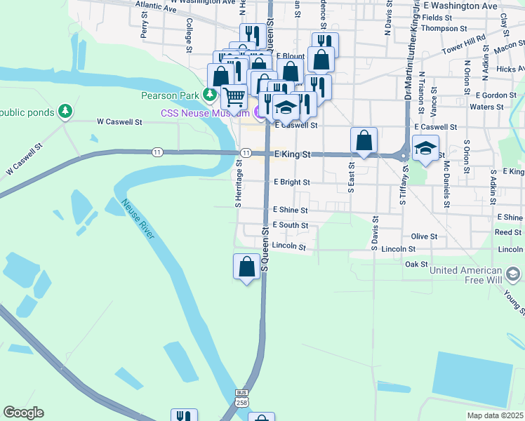 map of restaurants, bars, coffee shops, grocery stores, and more near 401 South Queen Street in Kinston