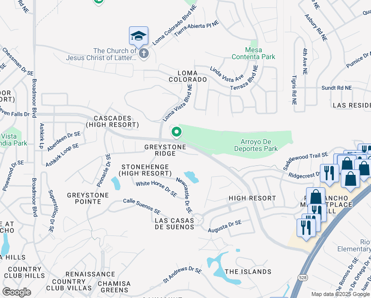 map of restaurants, bars, coffee shops, grocery stores, and more near 3629 Greystone Ridge Drive Southeast in Rio Rancho