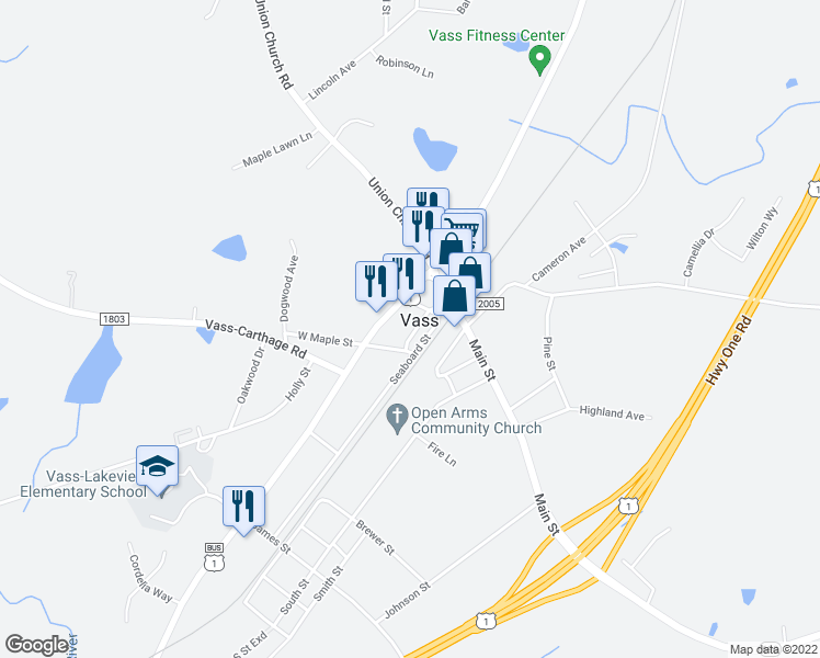 map of restaurants, bars, coffee shops, grocery stores, and more near 132 Alley Street in Vass