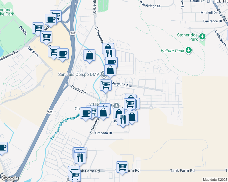 map of restaurants, bars, coffee shops, grocery stores, and more near 3251 Via Ensenada in San Luis Obispo