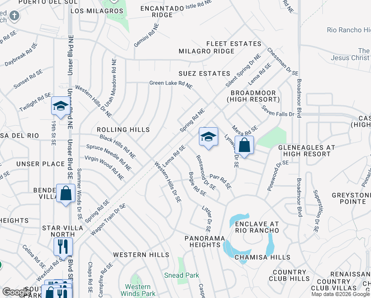 map of restaurants, bars, coffee shops, grocery stores, and more near 2302 Lema Road Southeast in Rio Rancho