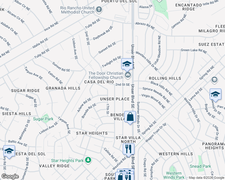 map of restaurants, bars, coffee shops, grocery stores, and more near 121 18th Street Southeast in Rio Rancho