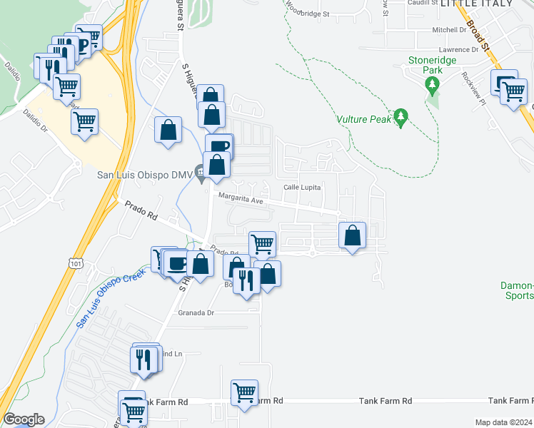 map of restaurants, bars, coffee shops, grocery stores, and more near 267 Via San Blas in San Luis Obispo